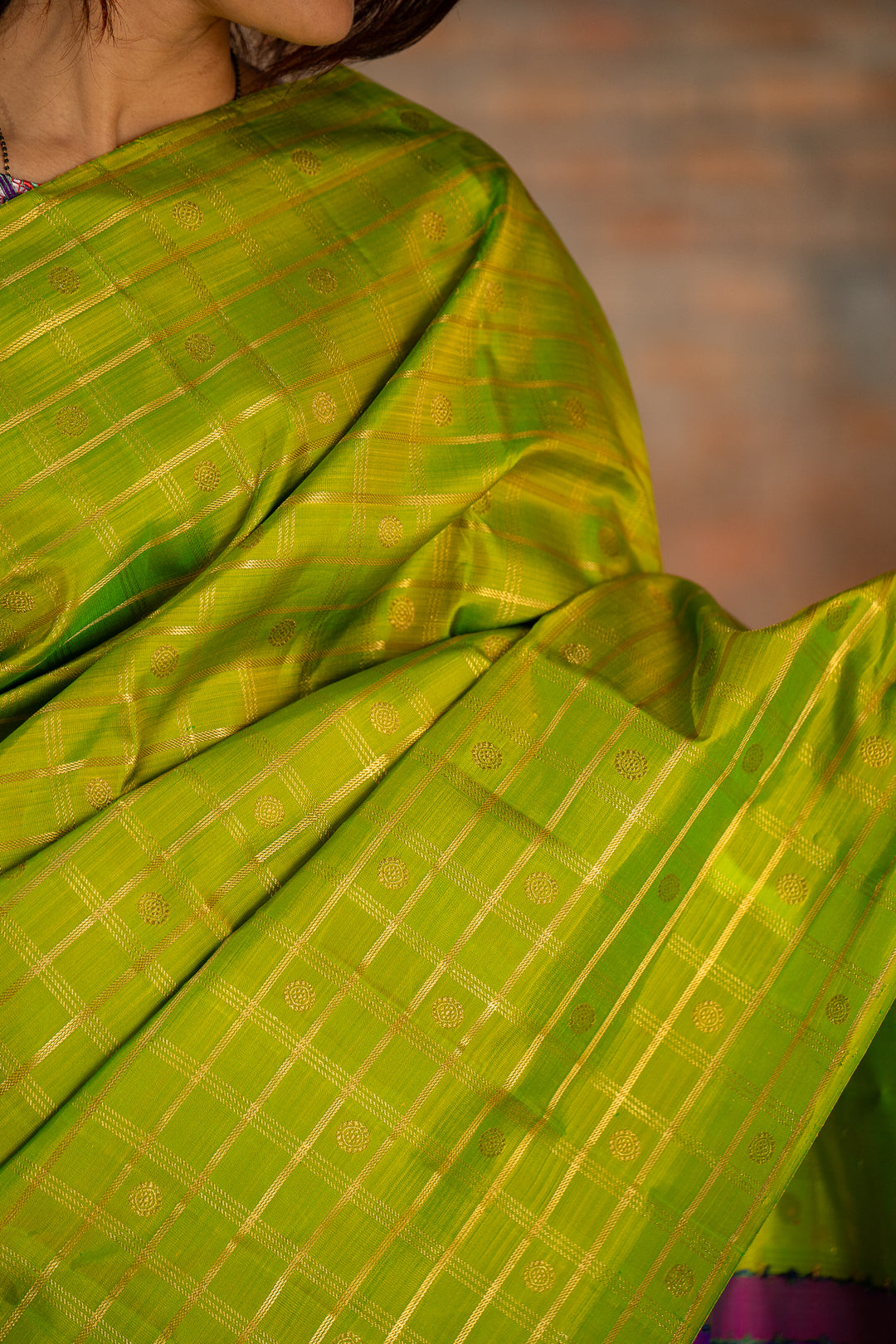Chartreuse Green Pure Zari Checks Kanchipuram Silk Saree - Clio Silks