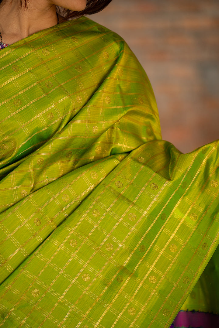 Chartreuse Green Pure Zari Checks Kanchipuram Silk Saree - Clio Silks