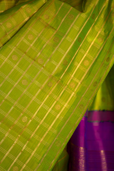 Chartreuse Green Pure Zari Checks Kanchipuram Silk Saree - Clio Silks