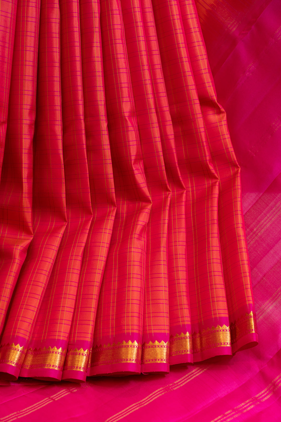 Magenta orange checks small Border pure Kanchipuram silk saree