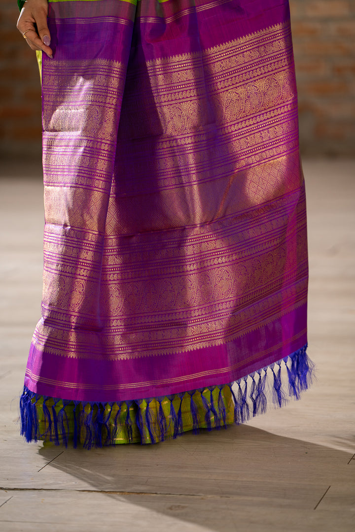 Chartreuse Green Pure Zari Checks Kanchipuram Silk Saree - Clio Silks