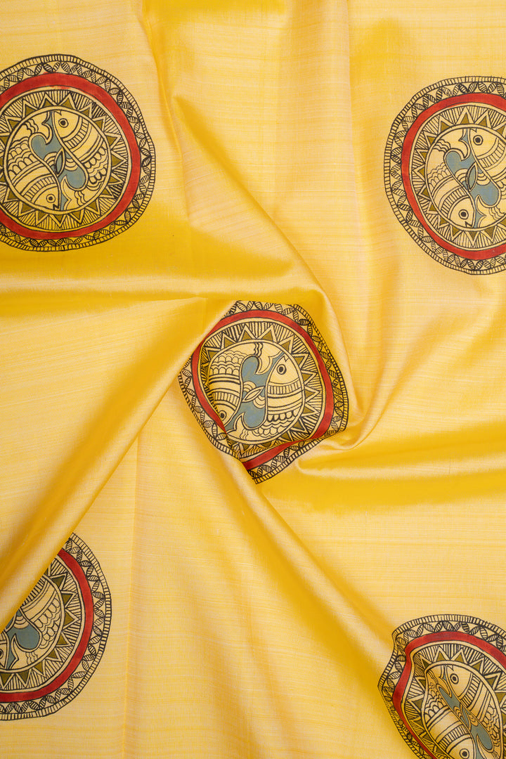Pastel yellow Madhubani handpainted pure kanchipuram silk saree