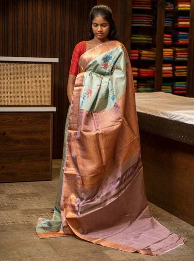 Pastel Blue Floral printed Designer Silk Sari - Clio Silks
