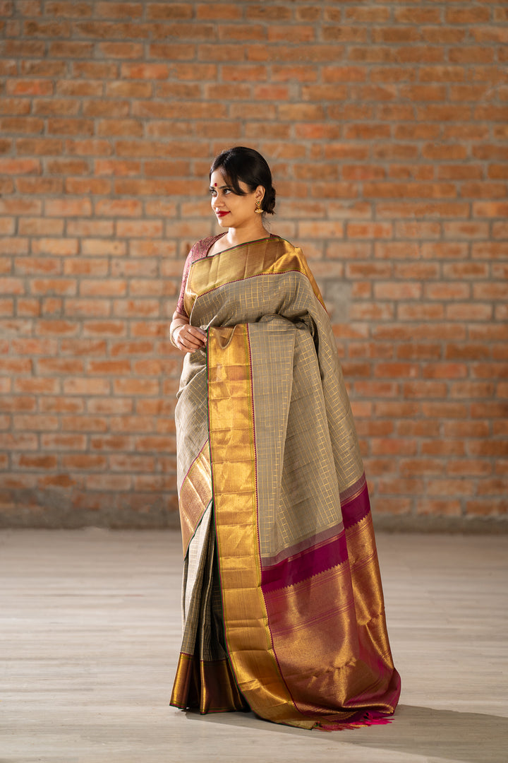Elephant Grey Veldhari Checks Pure Zari Kanchipuram Silk Saree - Clio Silks