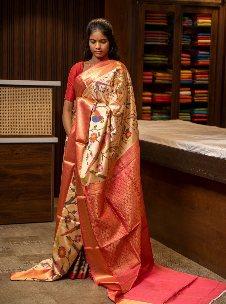 Cream and Red Printed Designer Silk Saree - Clio Silks