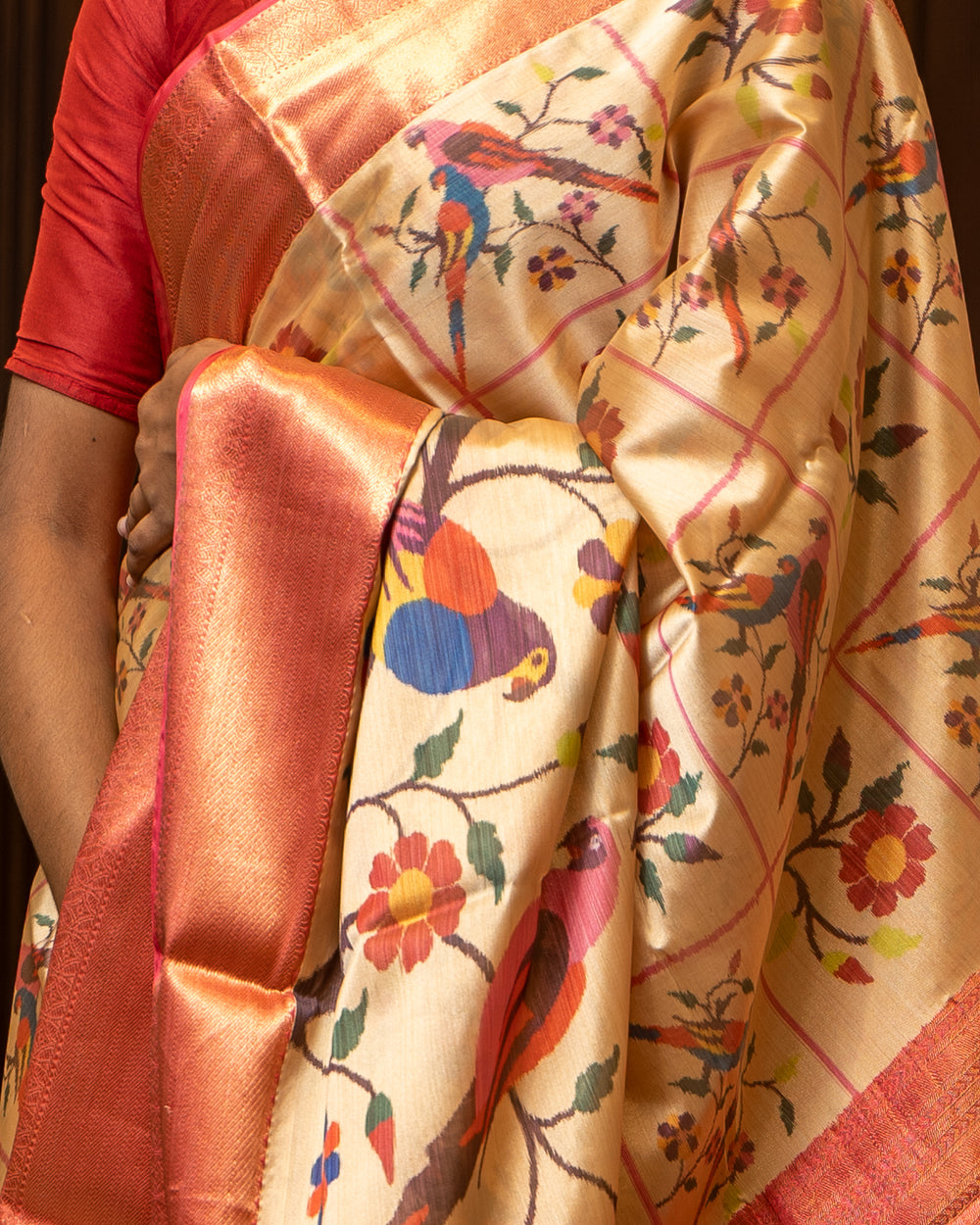 Cream and Red Printed Designer Silk Saree - Clio Silks