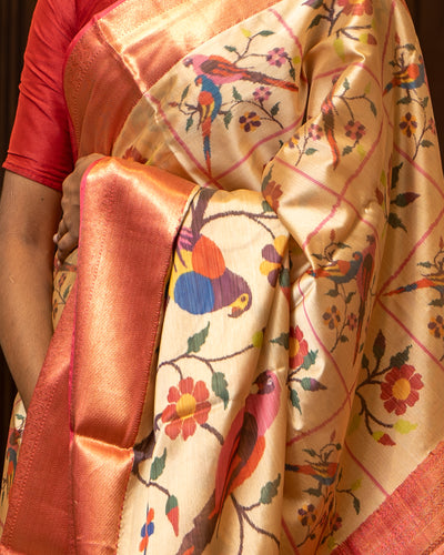 Cream and Red Printed Designer Silk Saree - Clio Silks