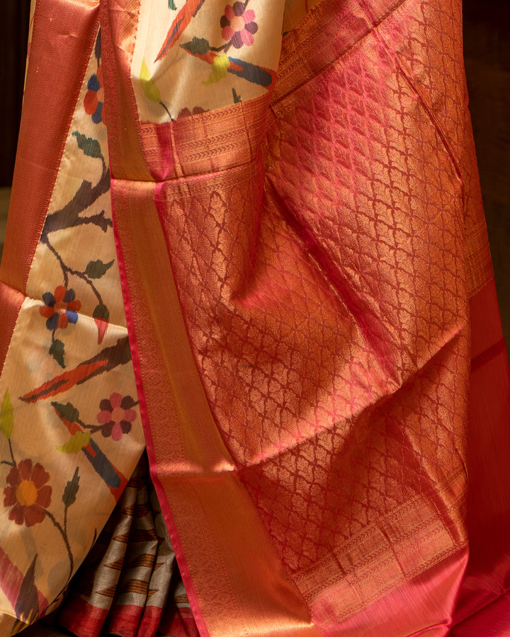 Cream and Red Printed Designer Silk Saree - Clio Silks