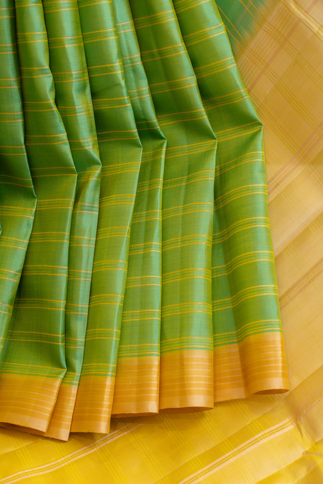 Pastel green and yellow stripes without zari pure Kanchipuram silk saree