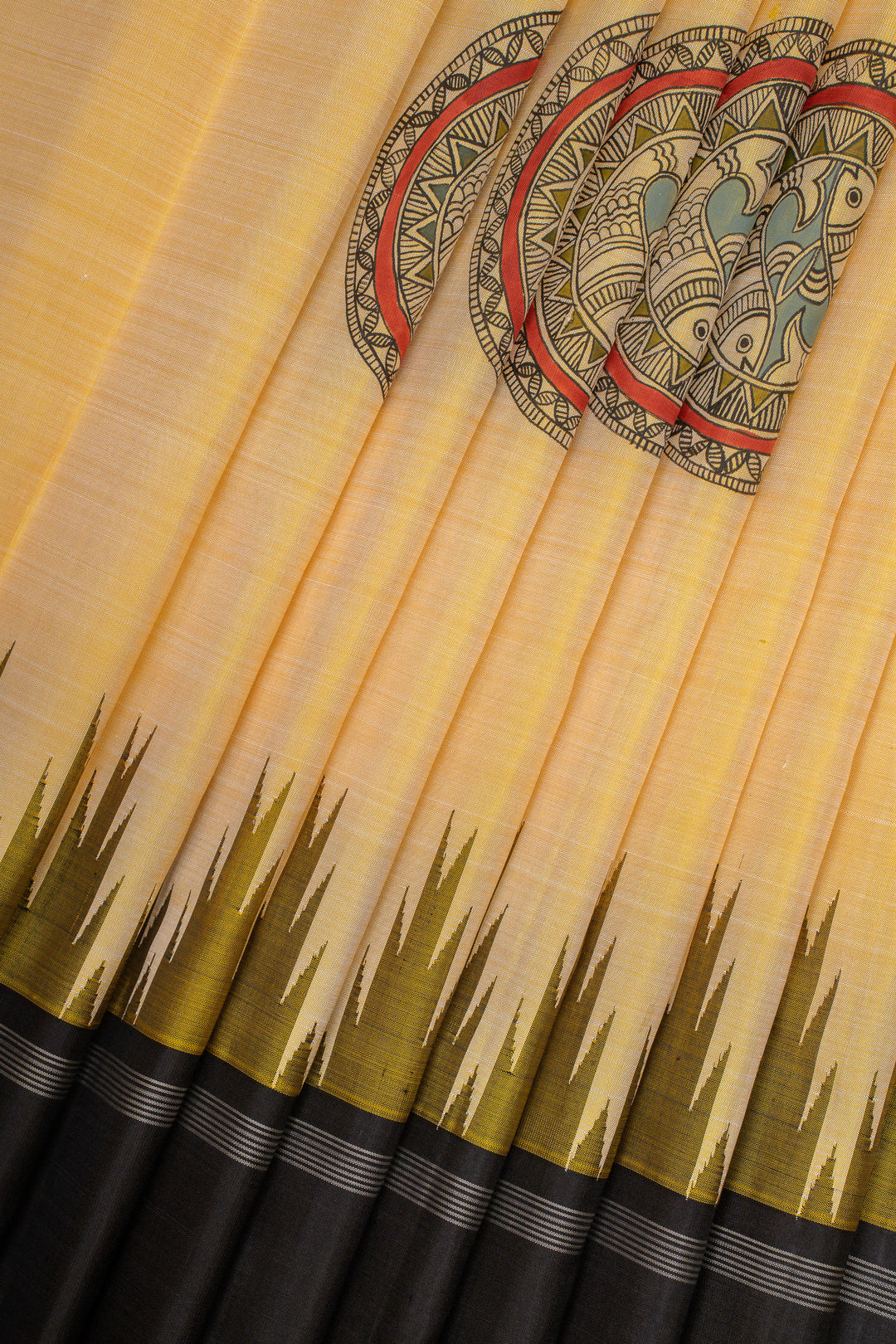 Pastel yellow Madhubani handpainted pure kanchipuram silk saree