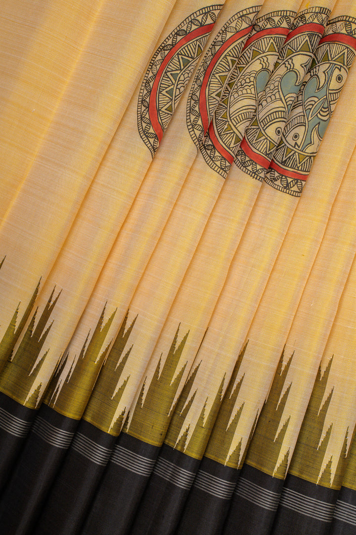 Pastel yellow Madhubani handpainted pure kanchipuram silk saree