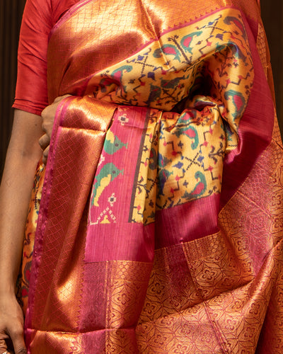 Yellow and Pink Paithani Printed Designer Silk Saree - Clio Silks