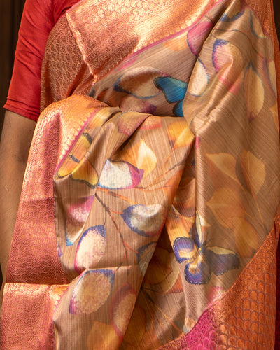 Beige Floral Printed Designer Silk Saree - Clio Silks