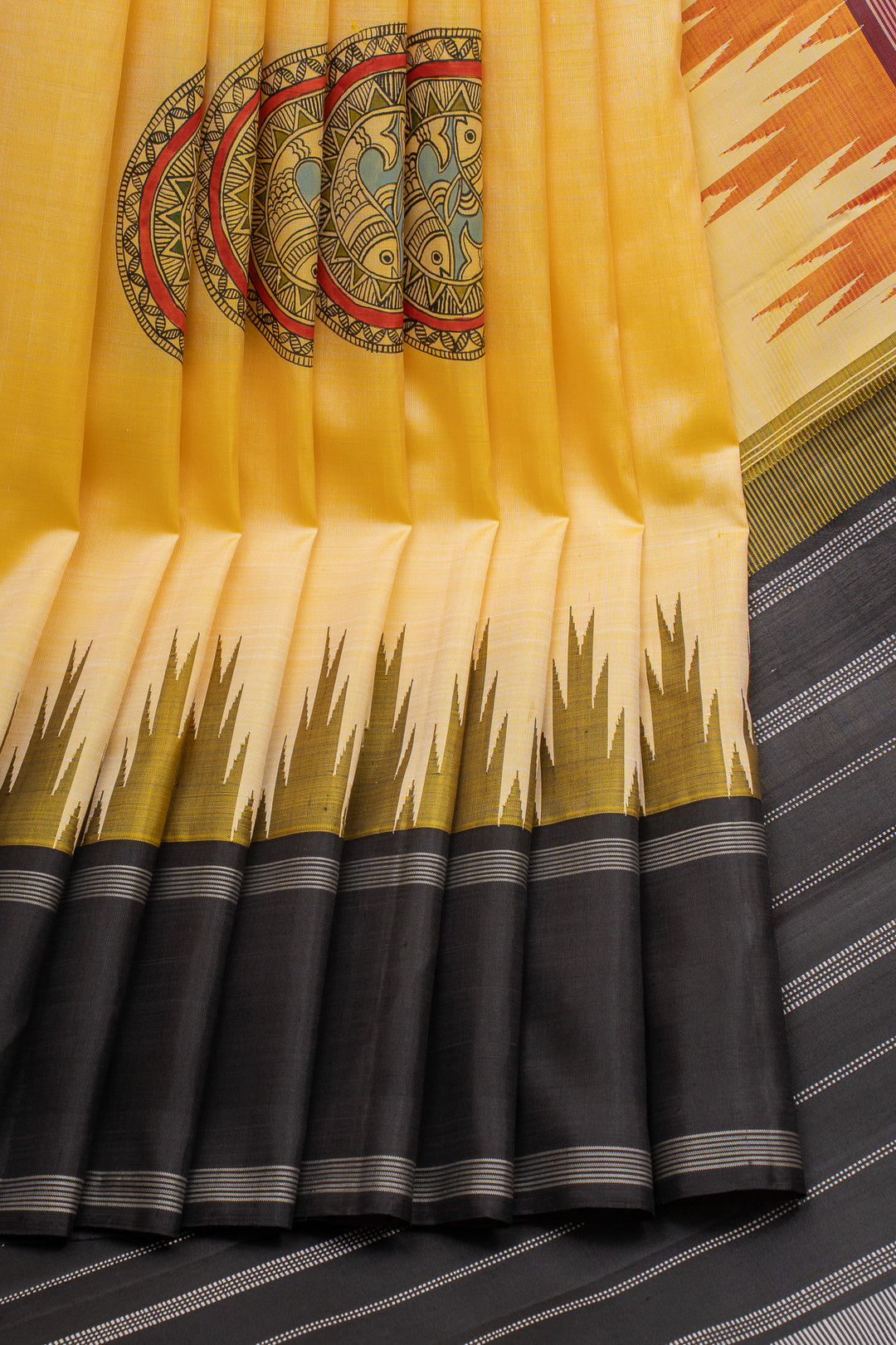 Pastel yellow Madhubani handpainted pure kanchipuram silk saree