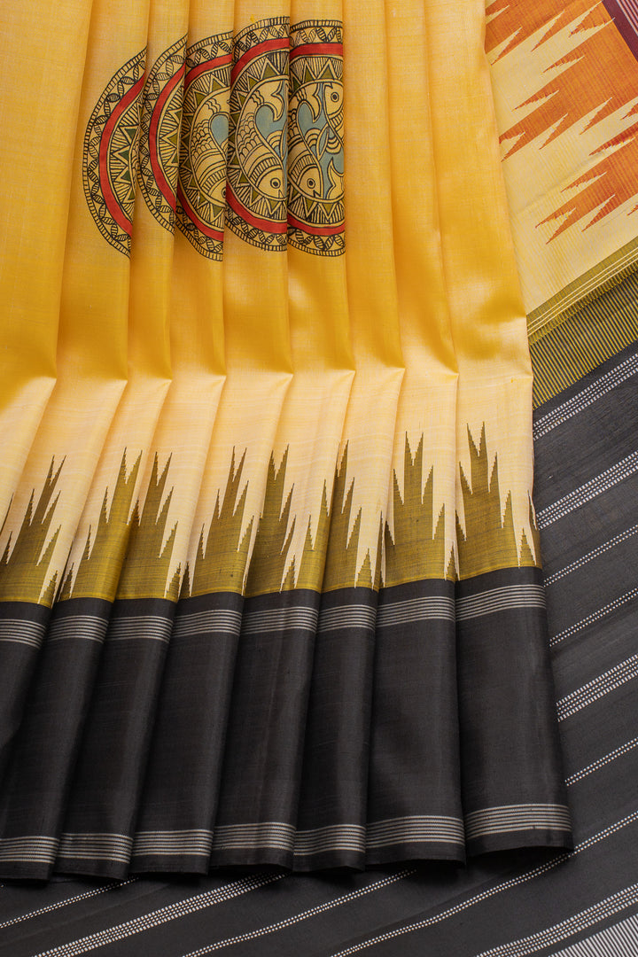 Pastel yellow Madhubani handpainted pure kanchipuram silk saree