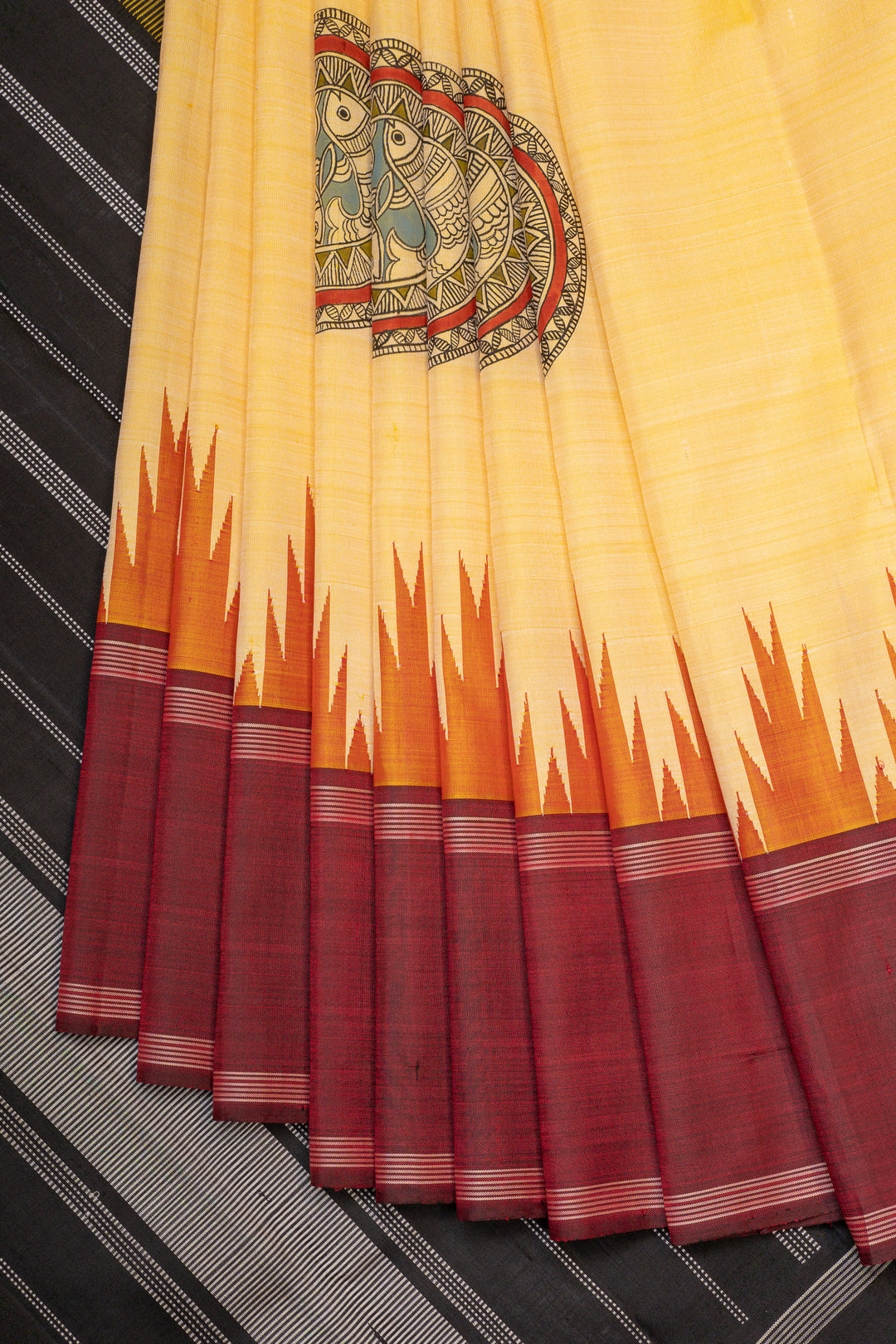Pastel yellow Madhubani handpainted pure kanchipuram silk saree