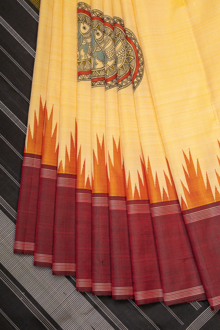 Pastel yellow Madhubani handpainted pure kanchipuram silk saree