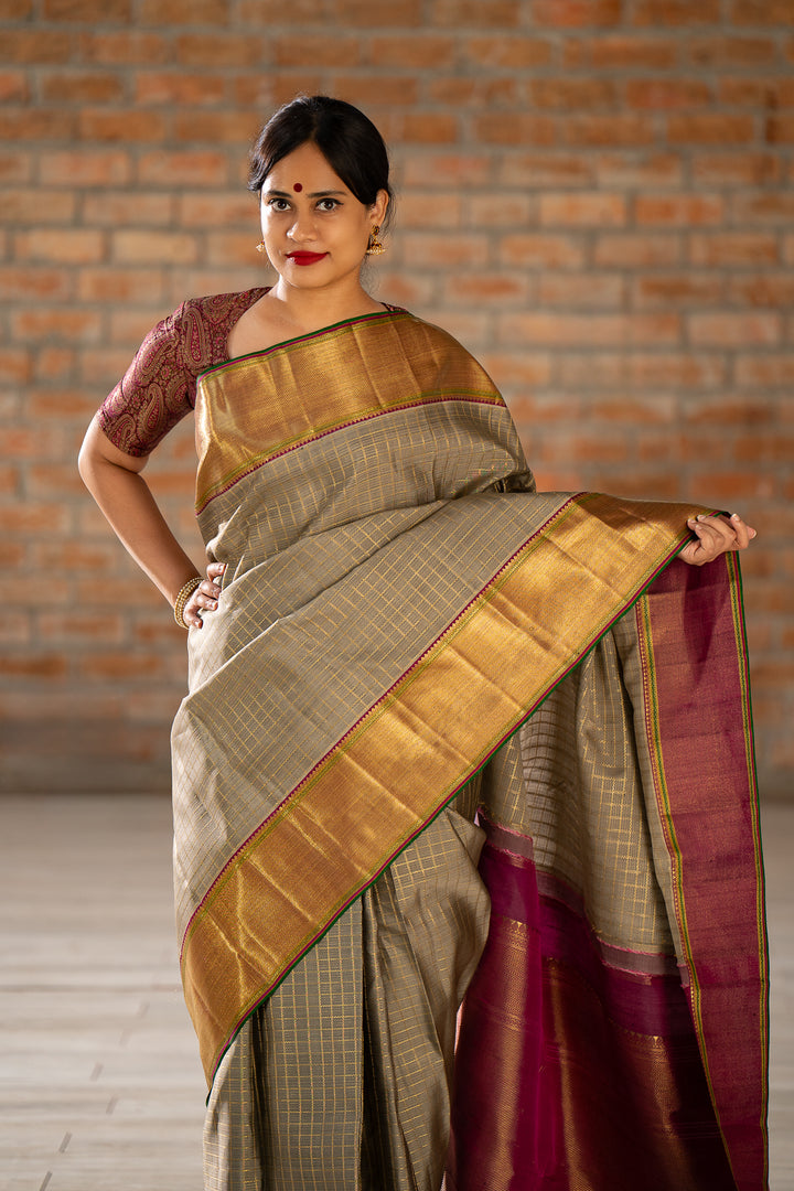 Elephant Grey Veldhari Checks Pure Zari Kanchipuram Silk Saree - Clio Silks