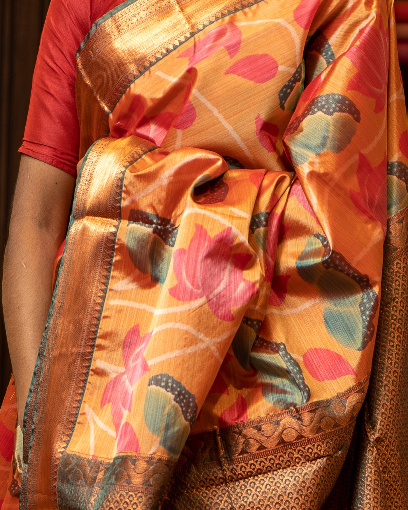 Orange Floral Printed Designer Silk Saree - Clio Silks