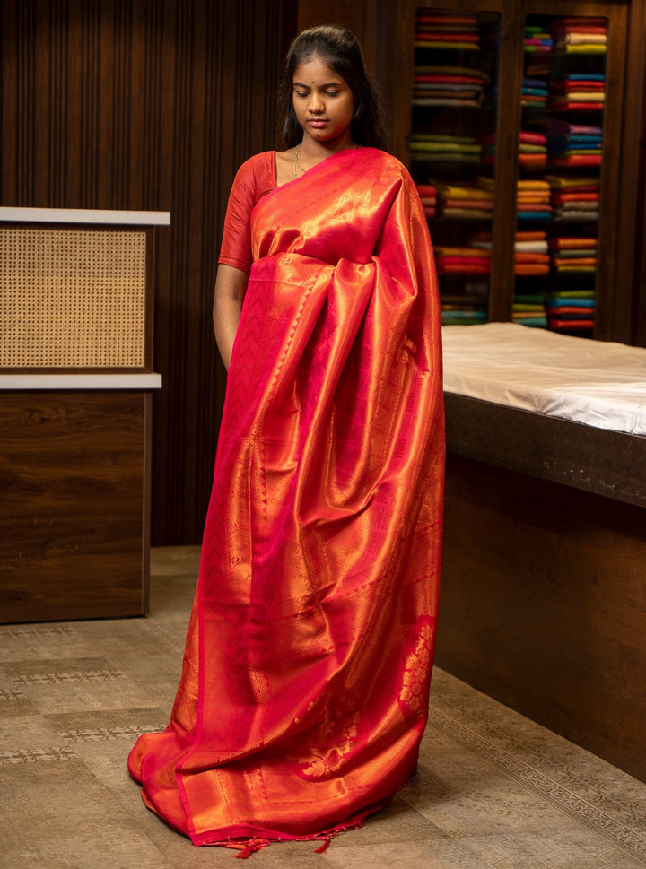 Orangish Red Art Brocade Silk Saree - Clio Silks