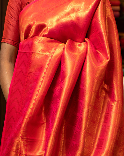 Orangish Red Art Brocade Silk Saree - Clio Silks