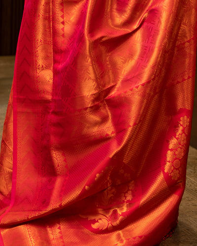 Orangish Red Art Brocade Silk Saree - Clio Silks
