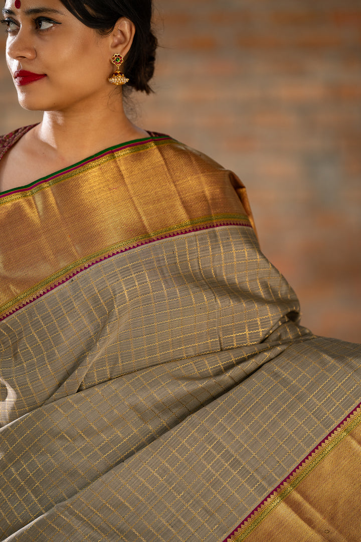 Elephant Grey Veldhari Checks Pure Zari Kanchipuram Silk Saree - Clio Silks