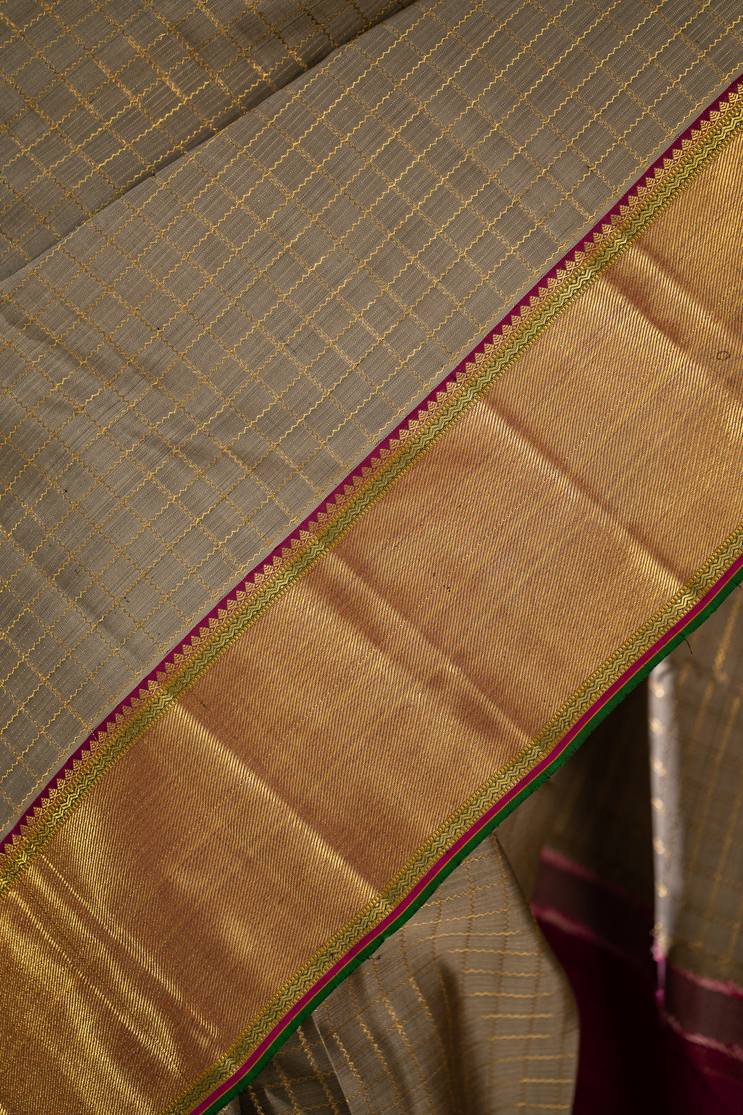 Elephant Grey Veldhari Checks Pure Zari Kanchipuram Silk Saree - Clio Silks
