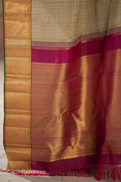 Elephant Grey Veldhari Checks Pure Zari Kanchipuram Silk Saree - Clio Silks