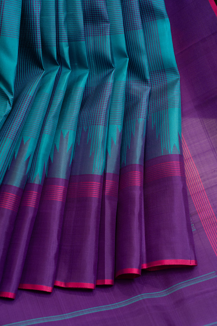 Anandha blue and purple without zari checks pure Kanchipuram silk saree