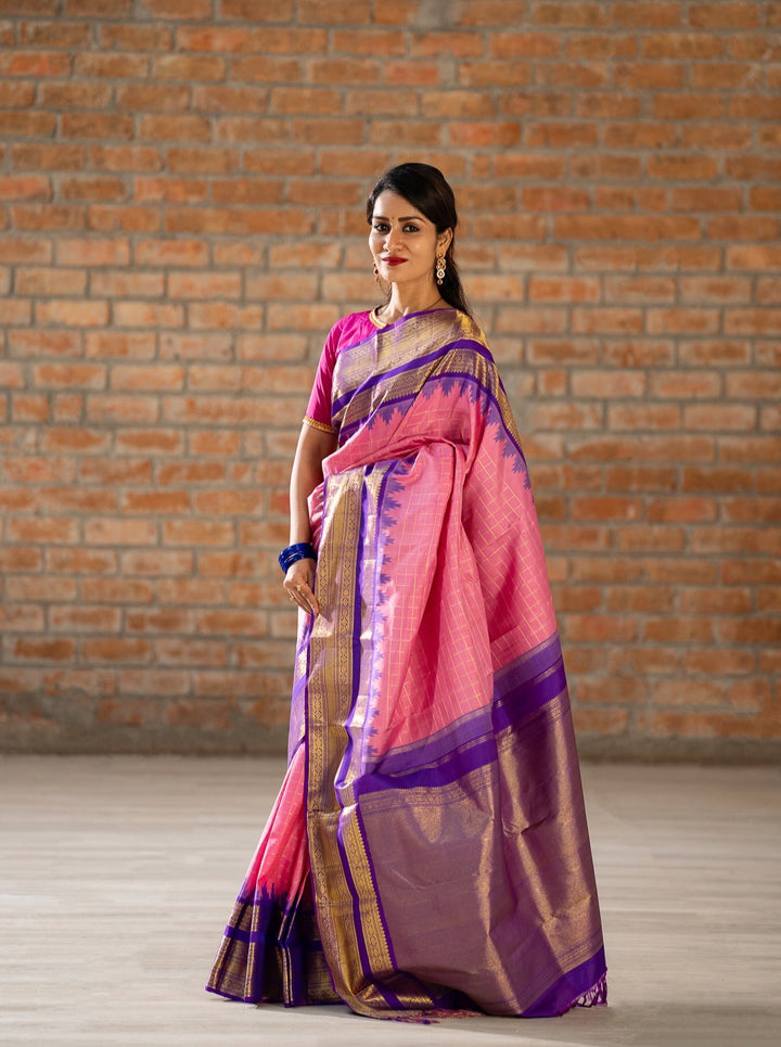 Lotus Pink Zari Checks Pure Kanchipuram Silk Saree - Clio Silks