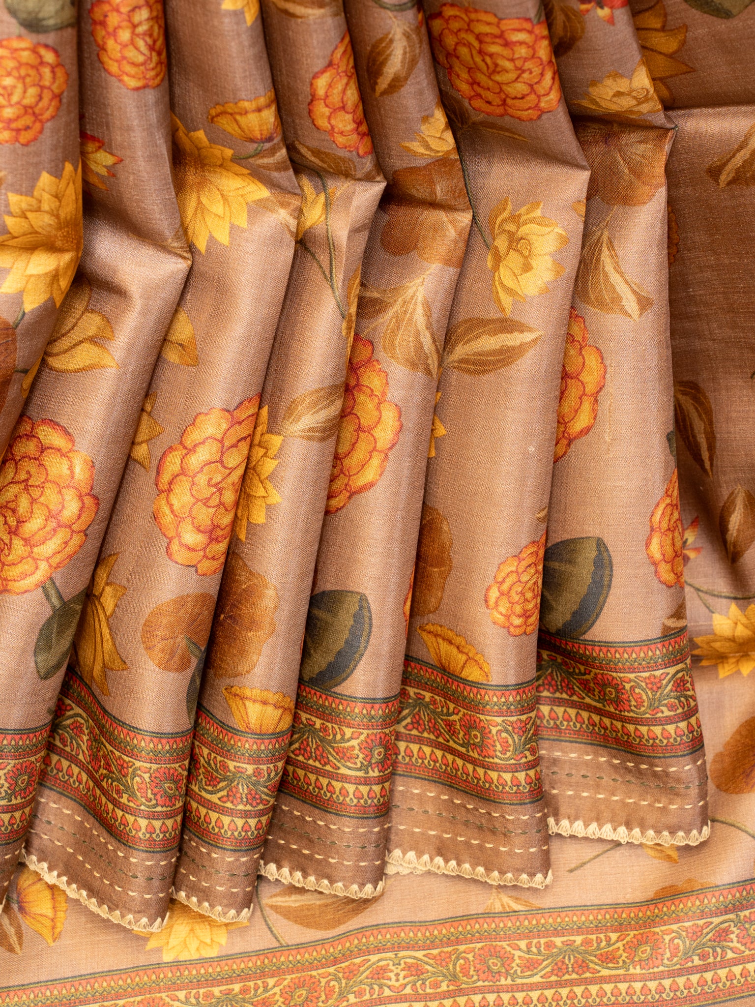 Lilac beige printed pure Tussar saree