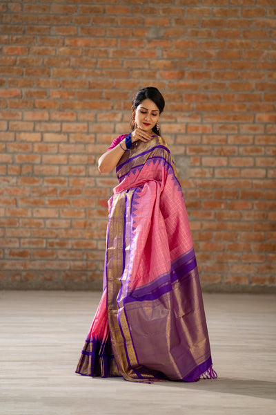 Lotus Pink Zari Checks Pure Kanchipuram Silk Saree - Clio Silks