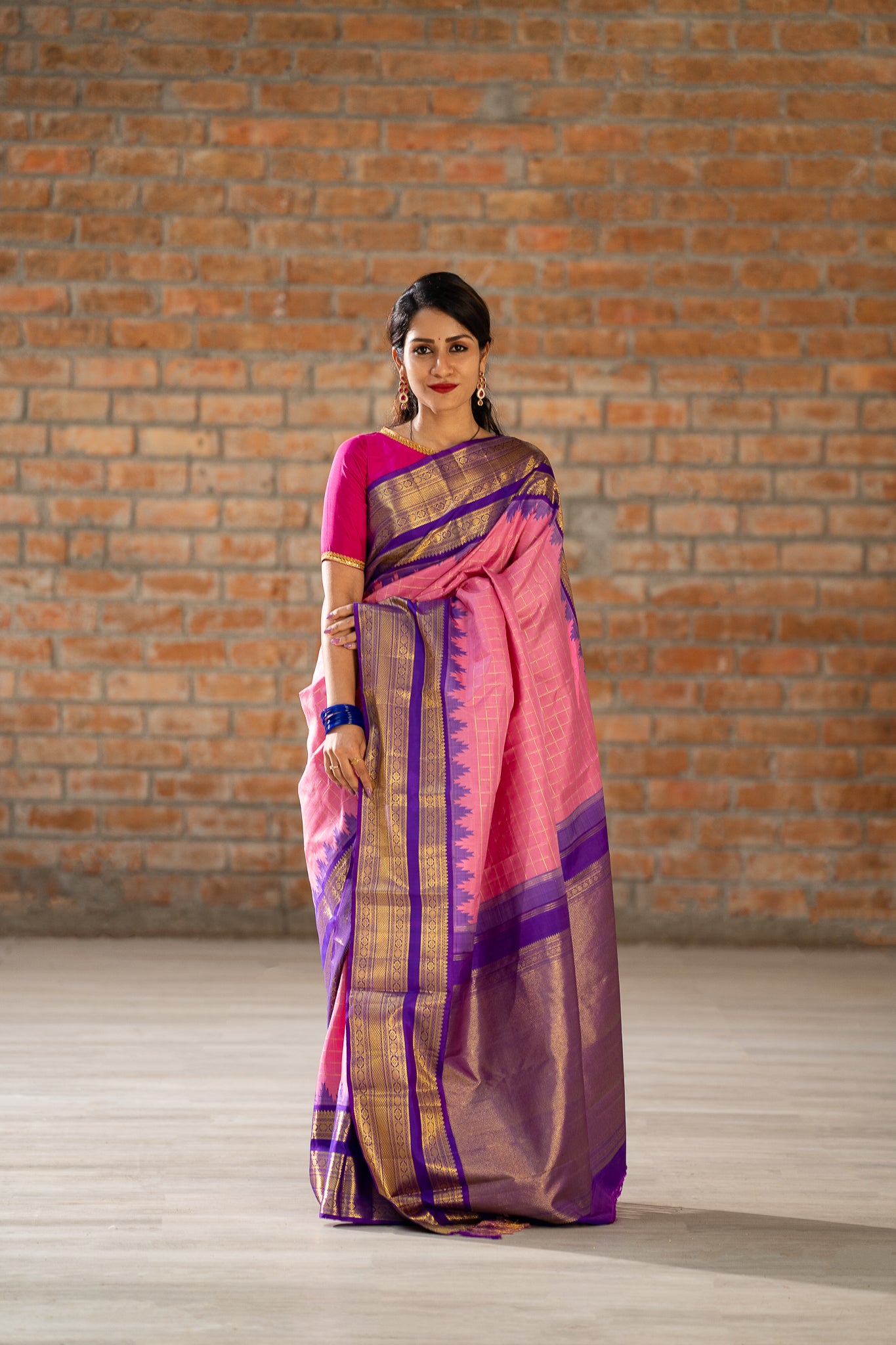 Lotus Pink Zari Checks Pure Kanchipuram Silk Saree - Clio Silks