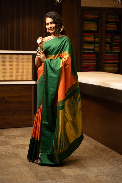 Orange and Green Pure Zari Checks Kanchipuram Silk Saree - Clio Silks