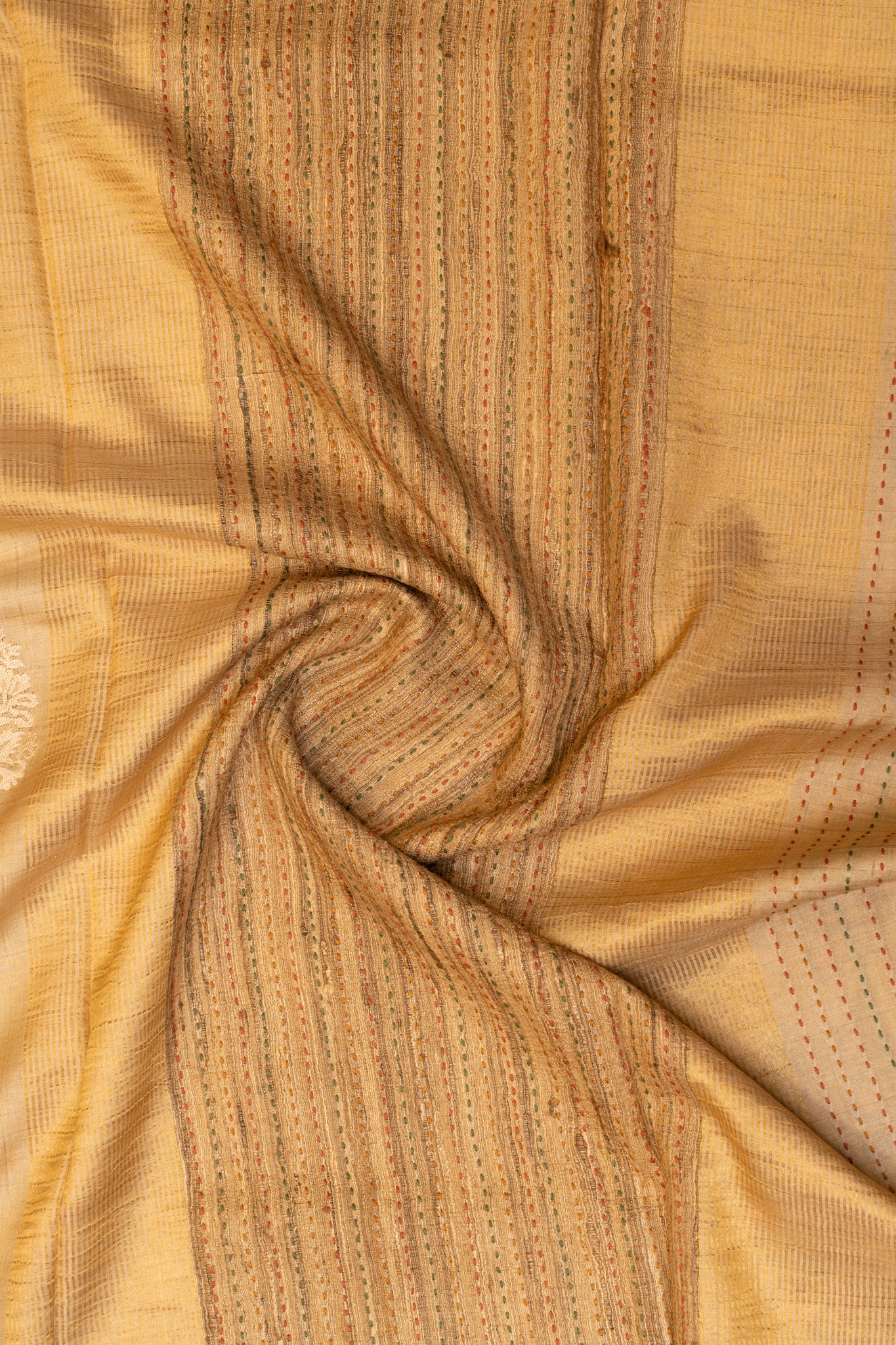 Beige embroidered pure Kantha work Tussar saree