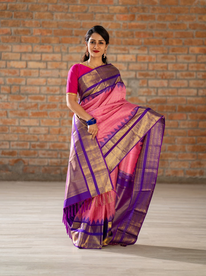 Lotus Pink Zari Checks Pure Kanchipuram Silk Saree - Clio Silks