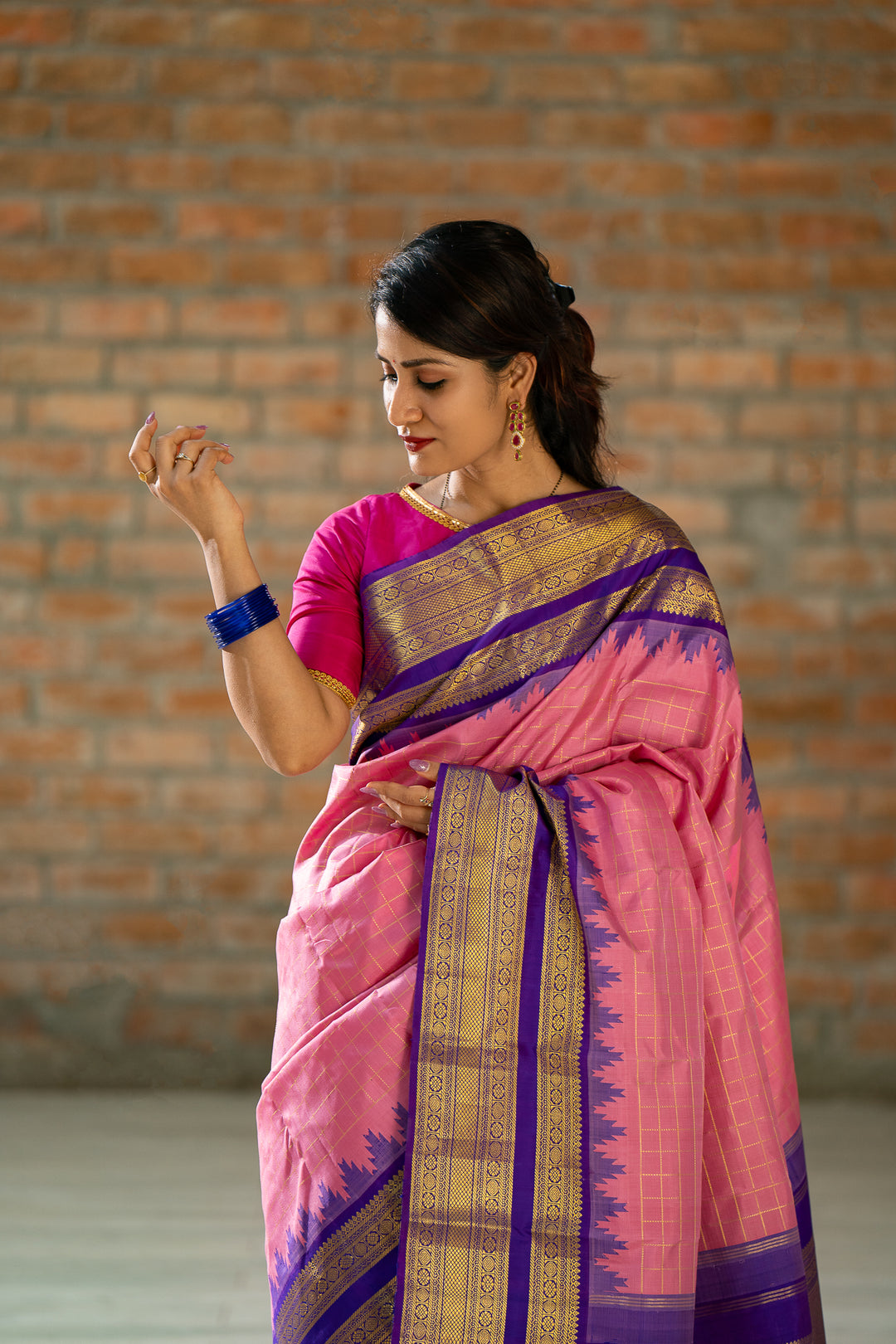 Lotus Pink Zari Checks Pure Kanchipuram Silk Saree - Clio Silks