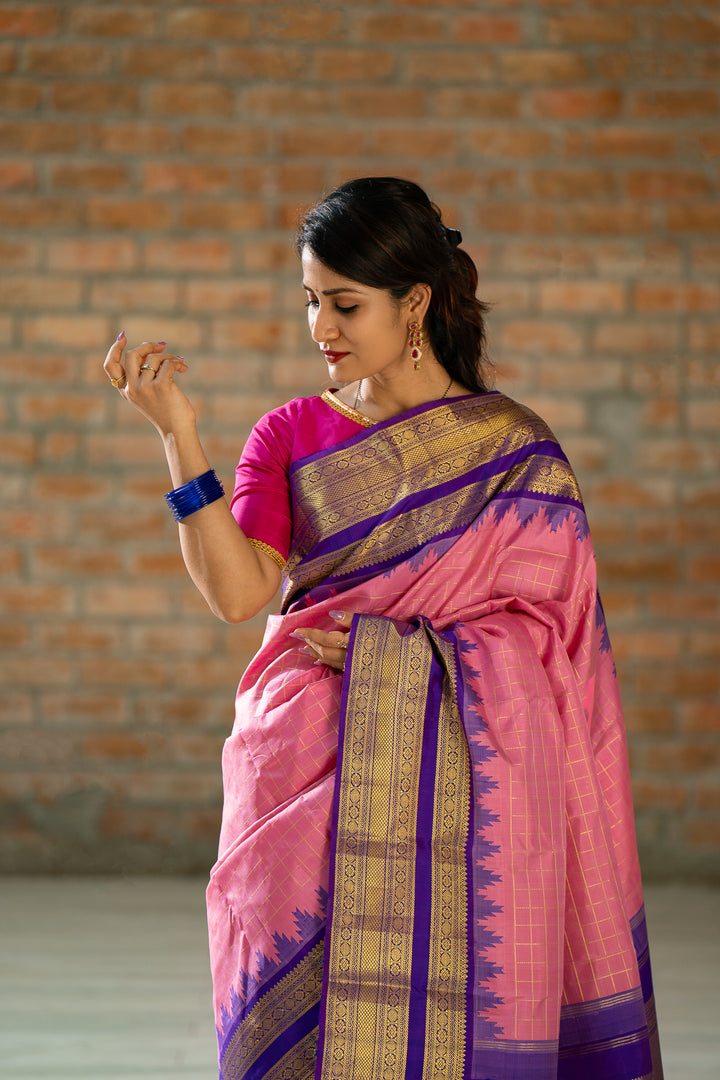 Lotus Pink Zari Checks Pure Kanchipuram Silk Saree - Clio Silks