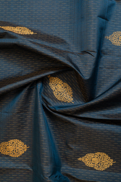 Peacock blue raindrop motifs small border pure Kanchipuram silk saree