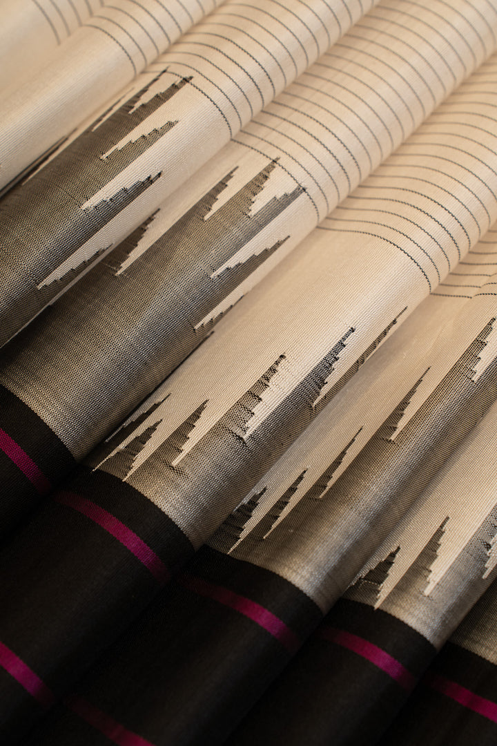 White and black stripes without zari pure Kanchipuram silk saree