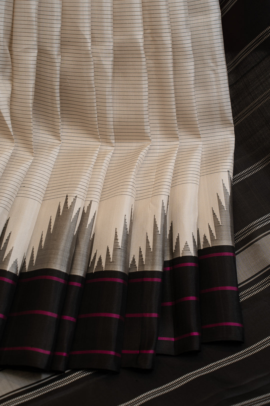 White and black stripes without zari pure Kanchipuram silk saree