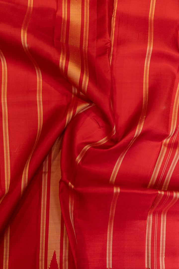 Beige and red podikattam temple border pure Kanchipuram silk saree