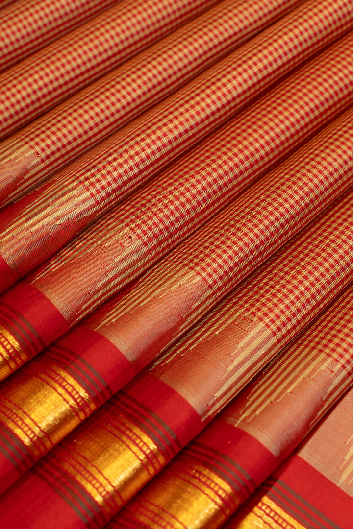 Beige and red podikattam temple border pure Kanchipuram silk saree