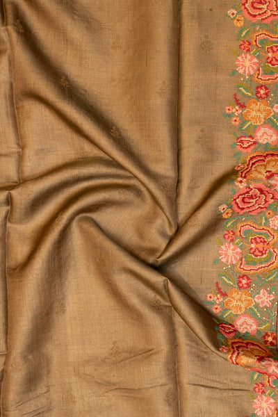 Golden beige crochet embroidered pure Tussar silk saree