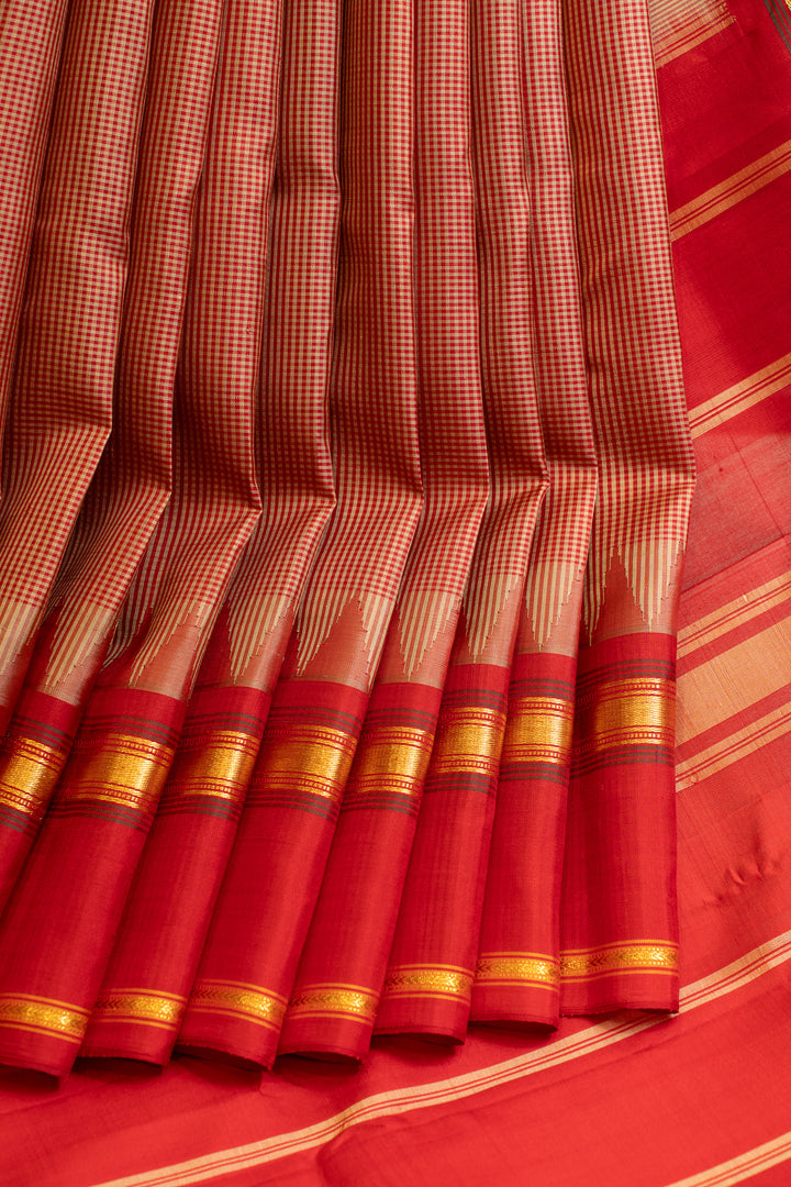 Beige and red podikattam temple border pure Kanchipuram silk saree