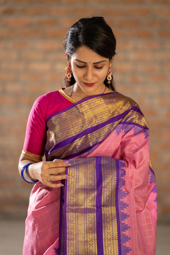Lotus Pink Zari Checks Pure Kanchipuram Silk Saree - Clio Silks