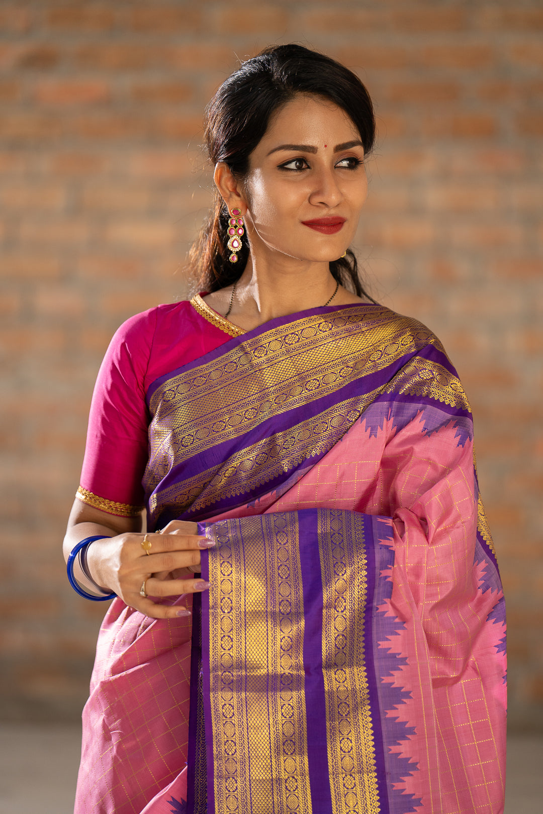 Lotus Pink Zari Checks Pure Kanchipuram Silk Saree - Clio Silks