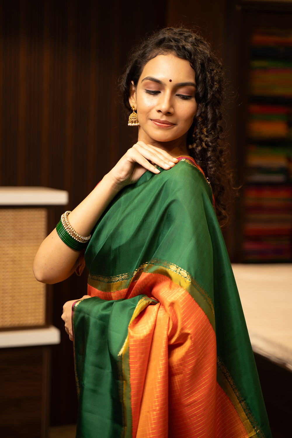 Orange and Green Pure Zari Checks Kanchipuram Silk Saree - Clio Silks