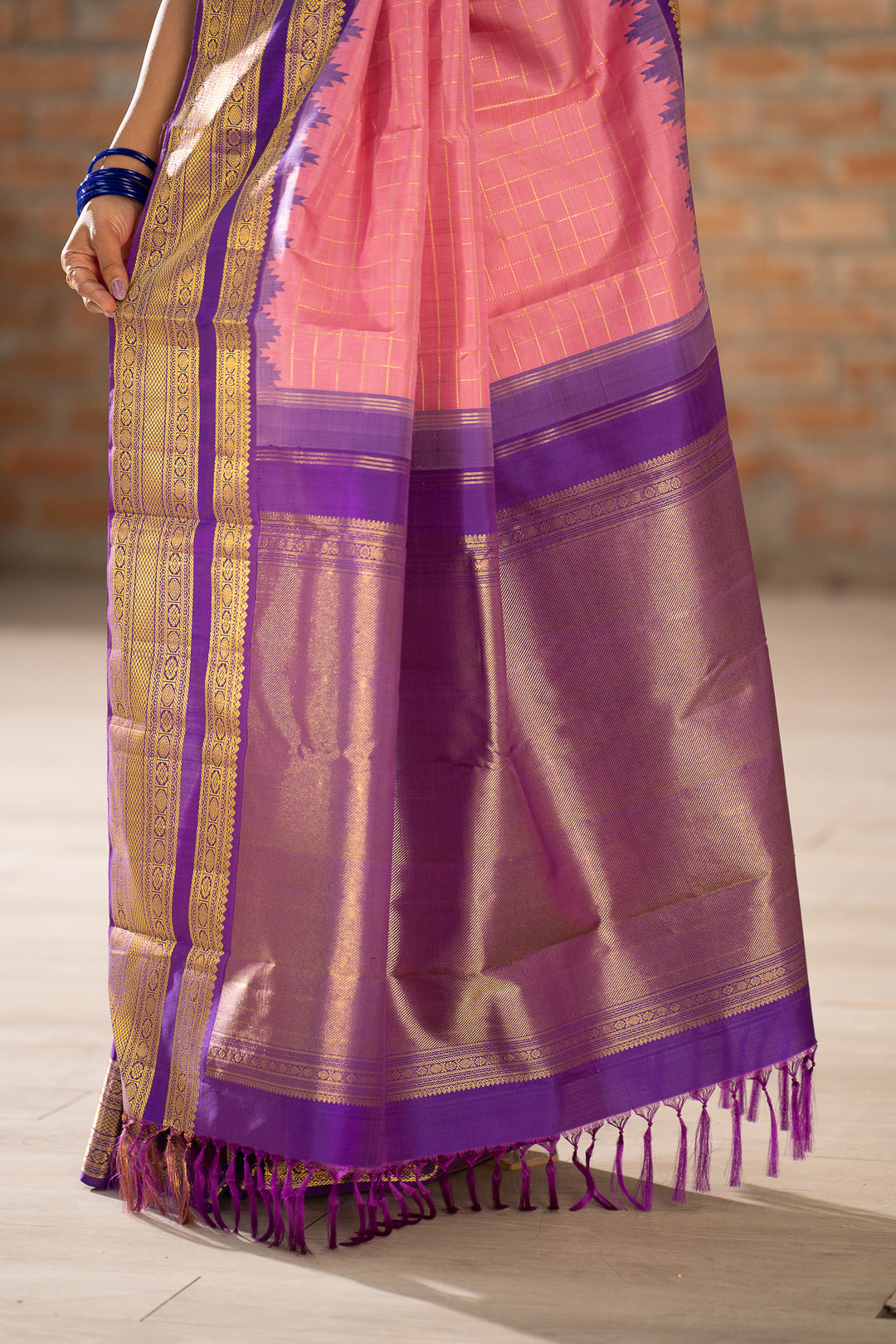 Lotus Pink Zari Checks Pure Kanchipuram Silk Saree - Clio Silks